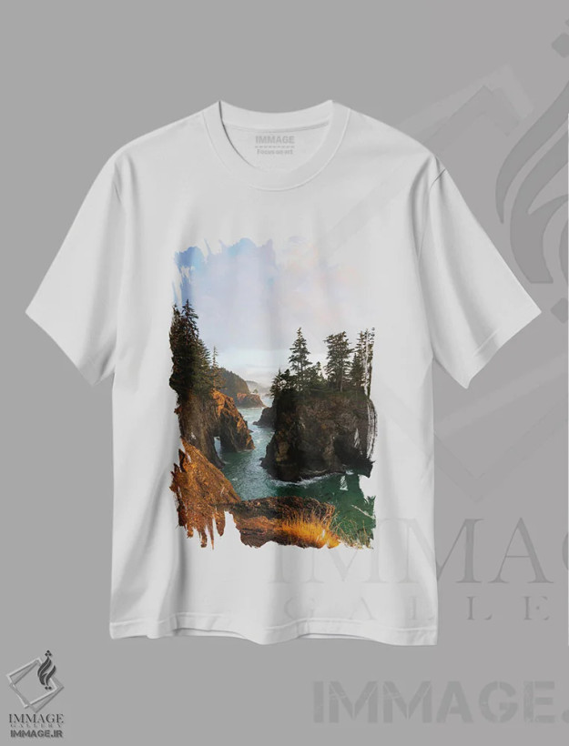 تیشرت سفید طرح دار آخرین پرتو آفتاب در ساحل اورگان، مدیوم اثر دنیل گاستاگر | فروشگاه ایماژ