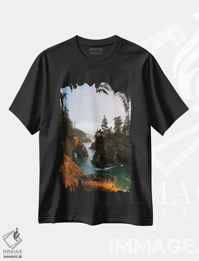 تیشرت مشکی طرح دار آخرین پرتو آفتاب در ساحل اورگان، مدیوم اثر دنیل گاستاگر | immage.ir