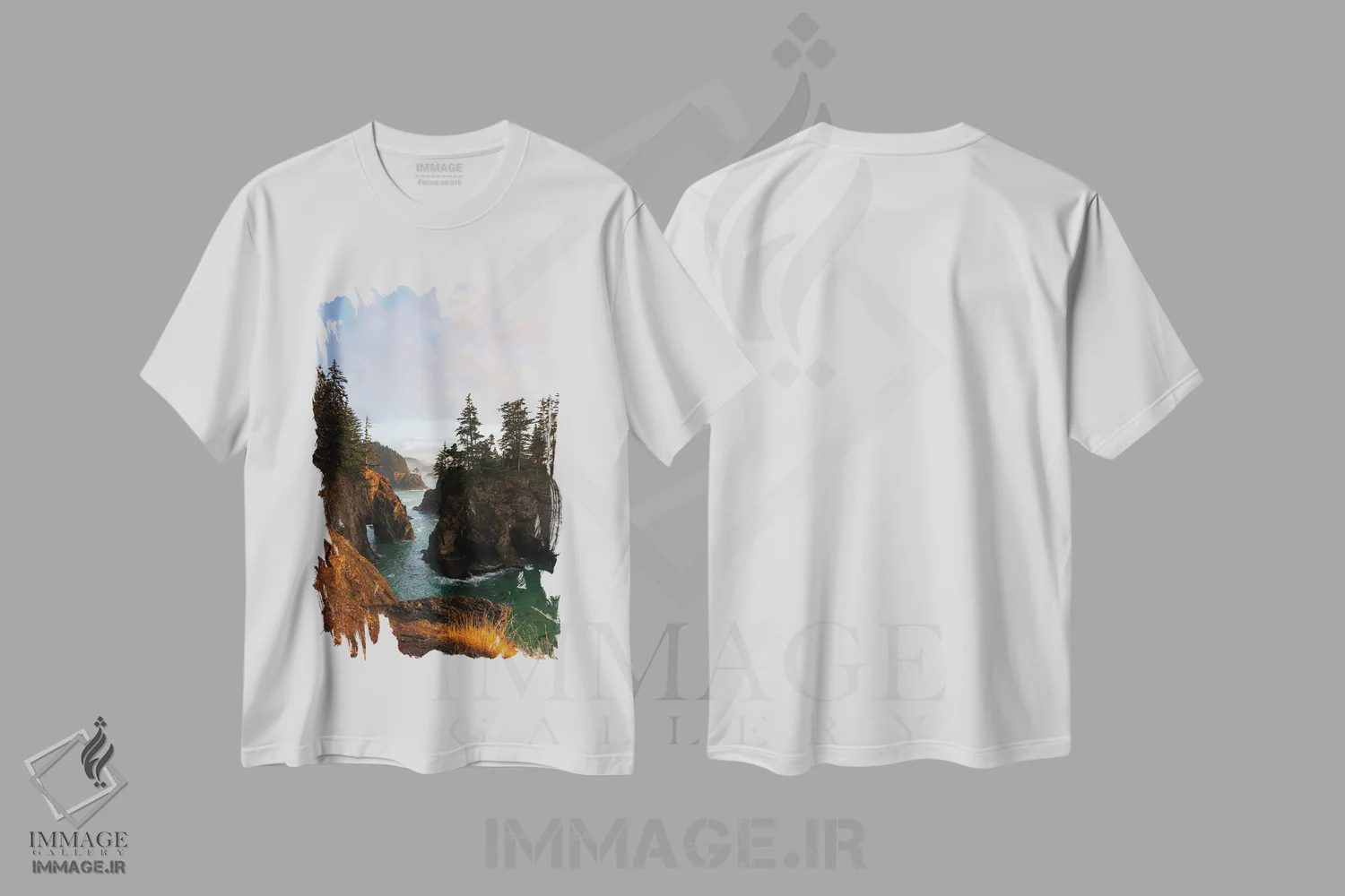 تیشرت سفید طرح دار آخرین پرتو آفتاب در ساحل اورگان، مدیوم اثر دنیل گاستاگر | فروشگاه ایماژ