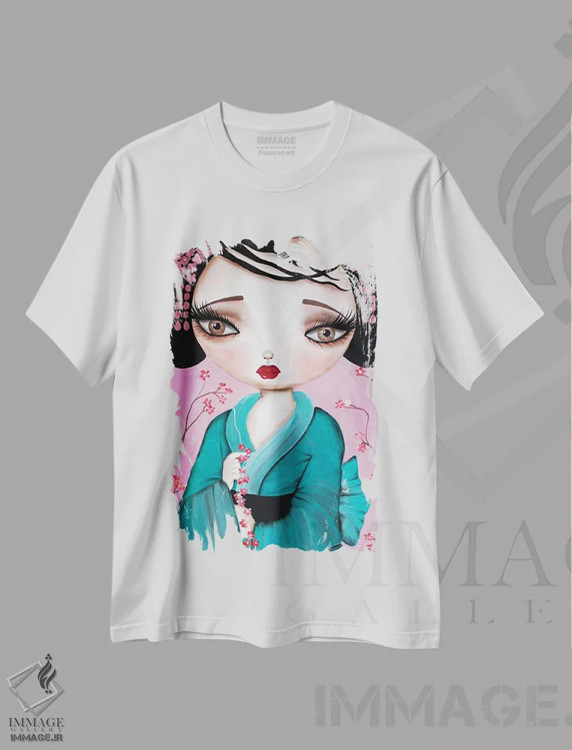 تیشرت سفید طرح دار گیشای کوچک، دکور آسیایی اثر داتی گلیسون | فروشگاه ایماژ