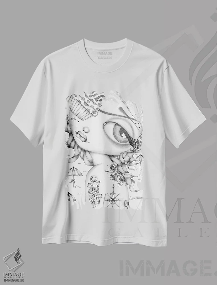 تیشرت سفید طرح دار با من بیا، هنر فاخر معاصر اثر داتی گلیسون | immage.ir
