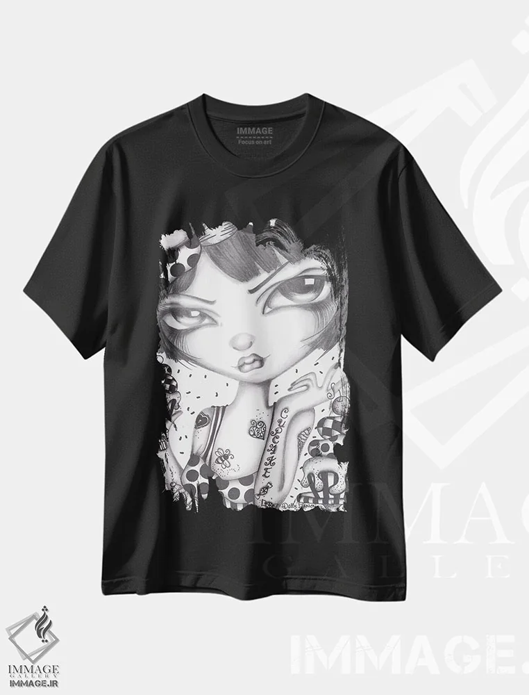 تیشرت مشکی طرح دار کلر کیک فنجانی، هنر فاخر معاصر اثر داتی گلیسون | immage.ir
