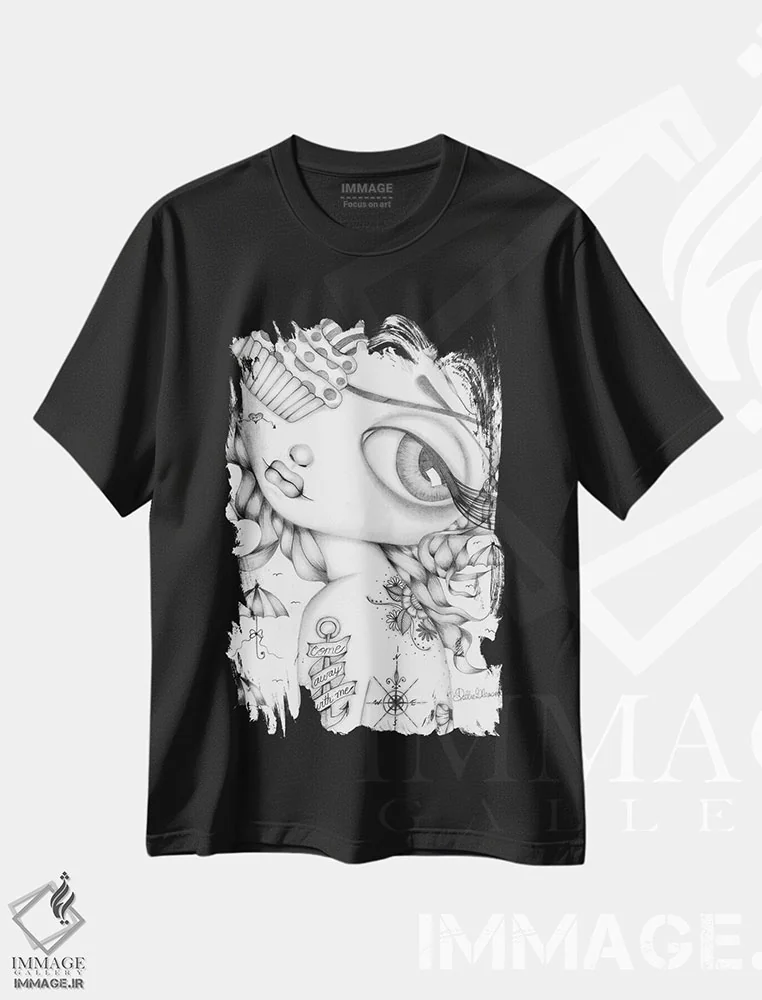 تیشرت مشکی طرح دار با من بیا، هنر فاخر معاصر اثر داتی گلیسون | فروشگاه ایماژ