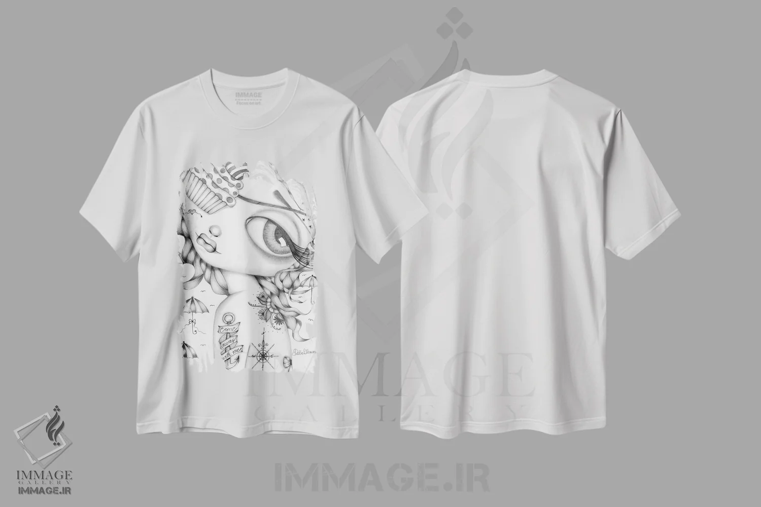 تیشرت سفید طرح دار با من بیا، هنر فاخر معاصر اثر داتی گلیسون | immage.ir
