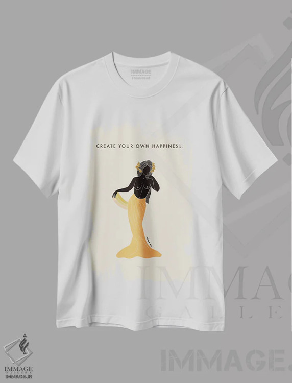 تیشرت سفید طرح دار خوشبختی خودت را بساز، تزئینی اثر دانیکا گیم | immage.ir
