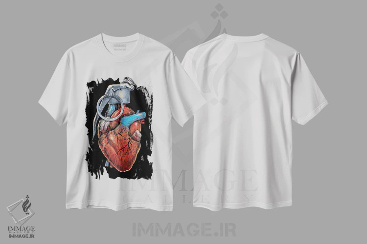تیشرت سفید طرح دار نارنجک قلبی، هنر دیجیتال اثر دیجیتال کاربین | immage.ir