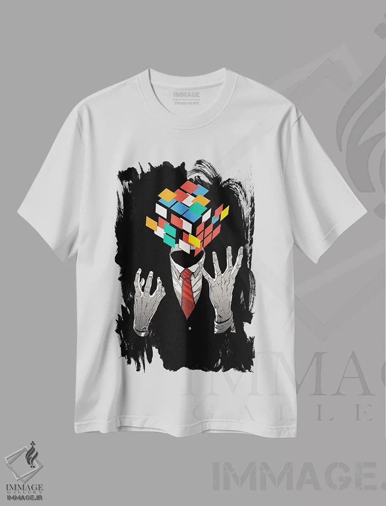 تیشرت سفید طرح دار بازی ذهنی، هنر دیجیتال اثر دیجیتال کاربین | فروشگاه ایماژ
