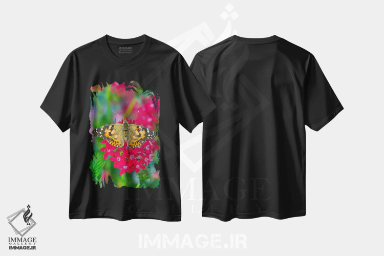تیشرت مشکی طرح دار پروانه آمریکایی نقش دار با بال های باز، عکاسی ماکرو اثر دارل گالین | فروشگاه ایماژ