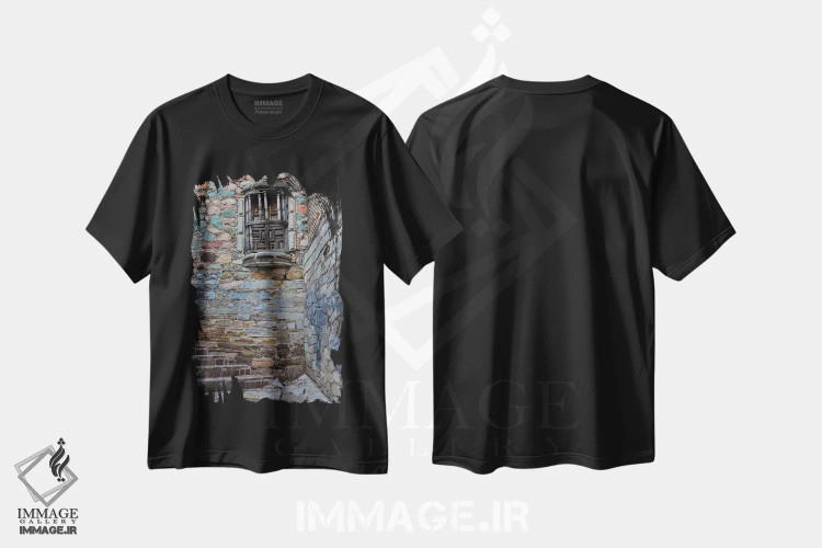 تیشرت مشکی طرح دار گواناخواتو در مکزیک مرکزی. کوچه باریک با پله ها، مدیوم اثر دارل گالین | immage.ir