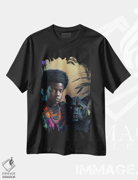 تیشرت مشکی طرح دار پسر آفریقایی آینده گرا، هنر آمریکایی آفریقایی تبار اثر دیجیتال وایلد آرت | فروشگاه ایماژ