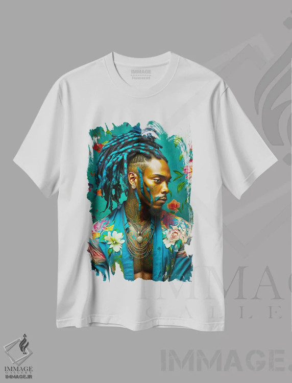 تیشرت سفید طرح دار پسر جوان با پیراهن گلدار ۱، هنر آمریکایی آفریقایی تبار اثر دیجیتال وایلد آرت | فروشگاه ایماژ