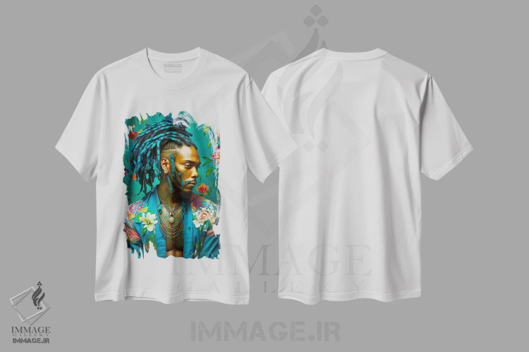 تیشرت سفید طرح دار پسر جوان با پیراهن گلدار ۱، هنر آمریکایی آفریقایی تبار اثر دیجیتال وایلد آرت | فروشگاه ایماژ