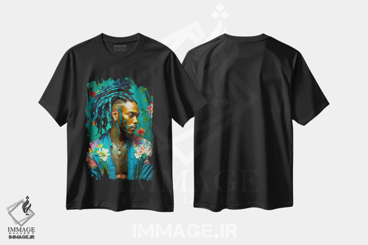 تیشرت مشکی طرح دار پسر جوان با پیراهن گلدار ۱، هنر آمریکایی آفریقایی تبار اثر دیجیتال وایلد آرت | immage.ir