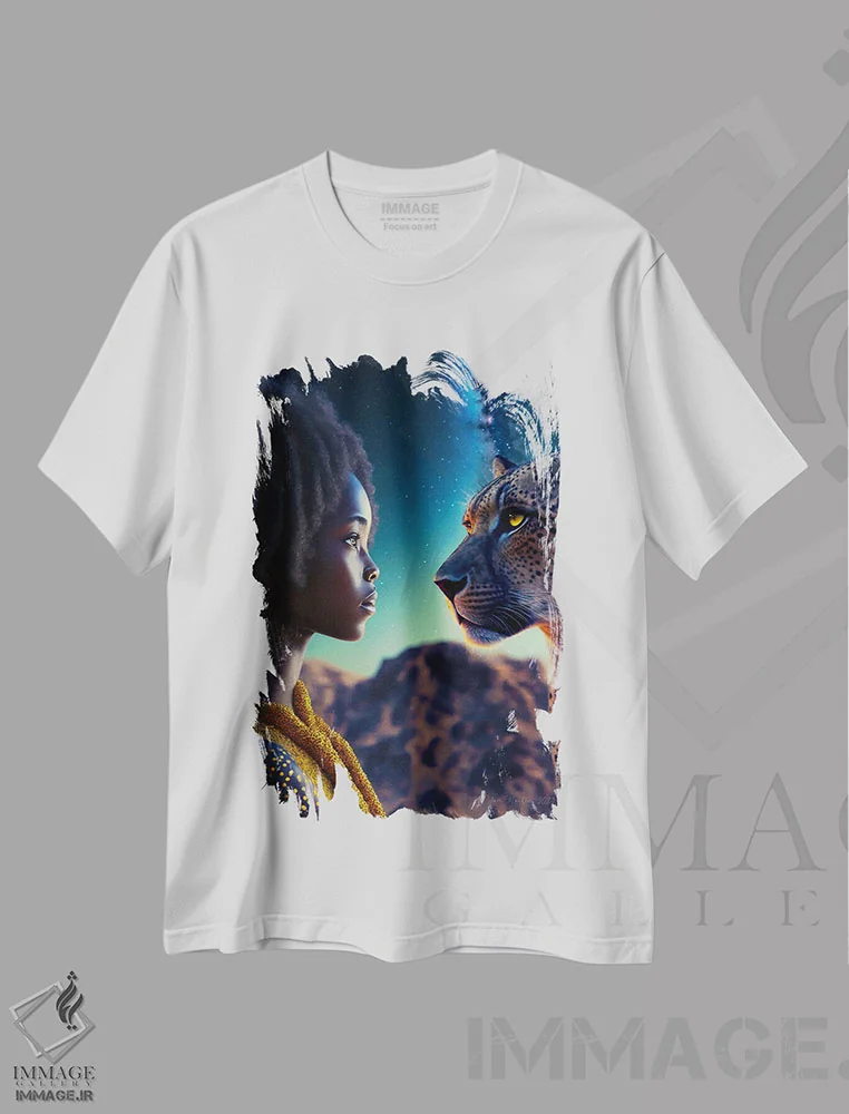 تیشرت سفید طرح دار دختر آفریقایی آینده گرا، هنر آمریکایی آفریقایی تبار اثر دیجیتال وایلد آرت | immage.ir