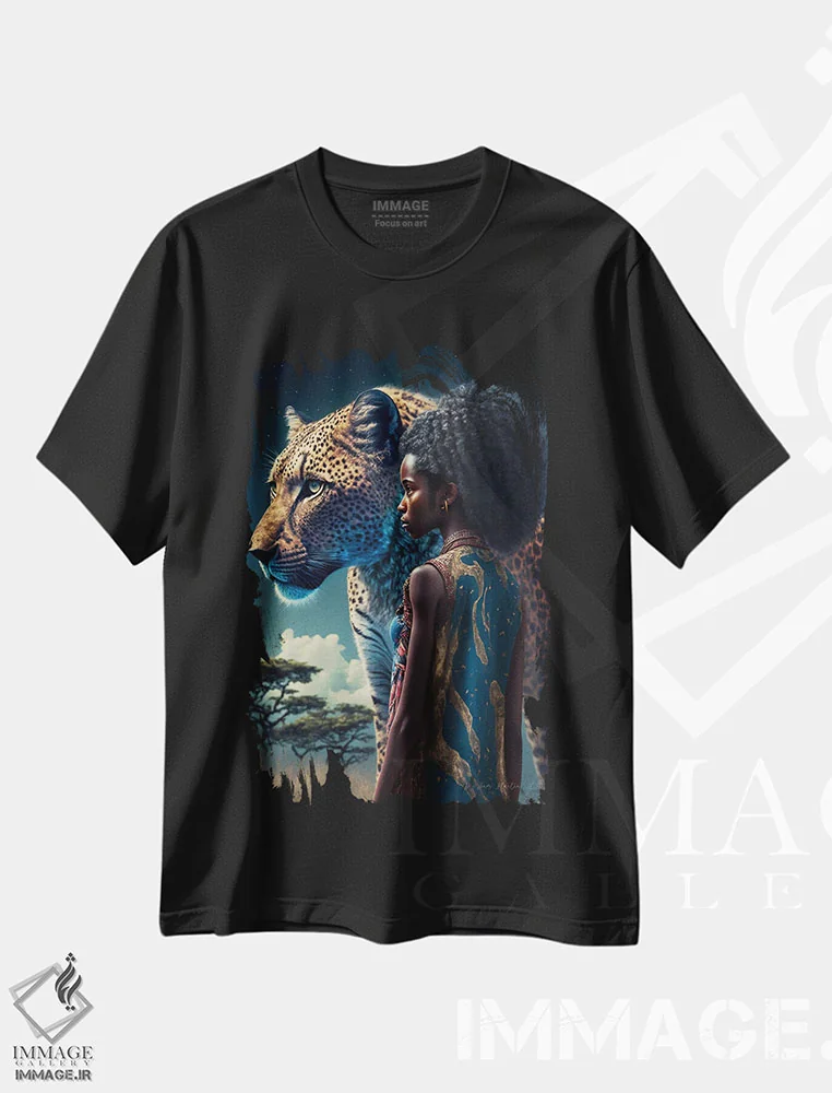 تیشرت مشکی طرح دار دختر آفریقایی آینده گرا، هنر آمریکایی آفریقایی تبار اثر دیجیتال وایلد آرت | immage.ir