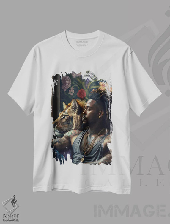 تیشرت سفید طرح دار مرد آفریقایی آینده گرا، هنر آمریکایی آفریقایی تبار اثر دیجیتال وایلد آرت | فروشگاه ایماژ