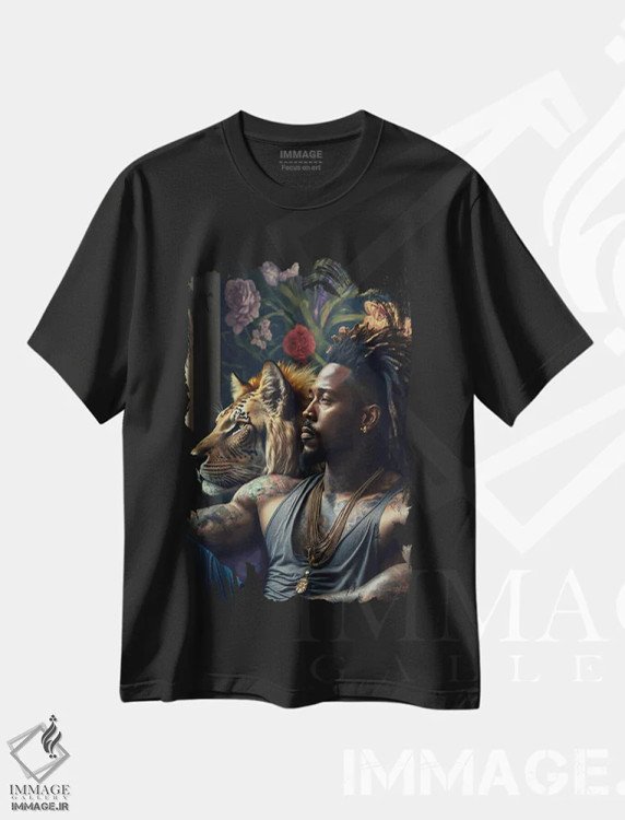تیشرت مشکی طرح دار مرد آفریقایی آینده گرا، هنر آمریکایی آفریقایی تبار اثر دیجیتال وایلد آرت | immage.ir