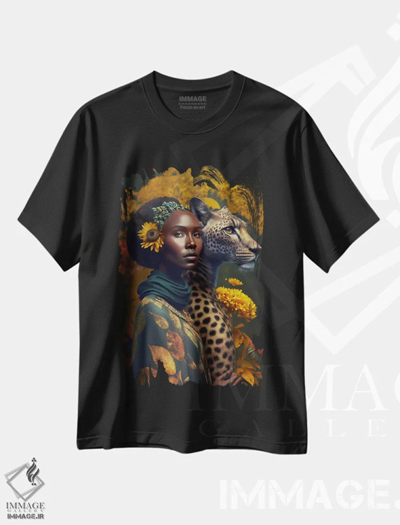 تیشرت مشکی طرح دار زن آفریقایی آینده گرا، هنر آمریکایی آفریقایی تبار اثر دیجیتال وایلد آرت | فروشگاه ایماژ