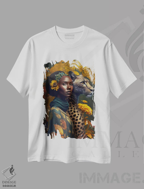 تیشرت سفید طرح دار زن آفریقایی آینده گرا، هنر آمریکایی آفریقایی تبار اثر دیجیتال وایلد آرت | immage.ir