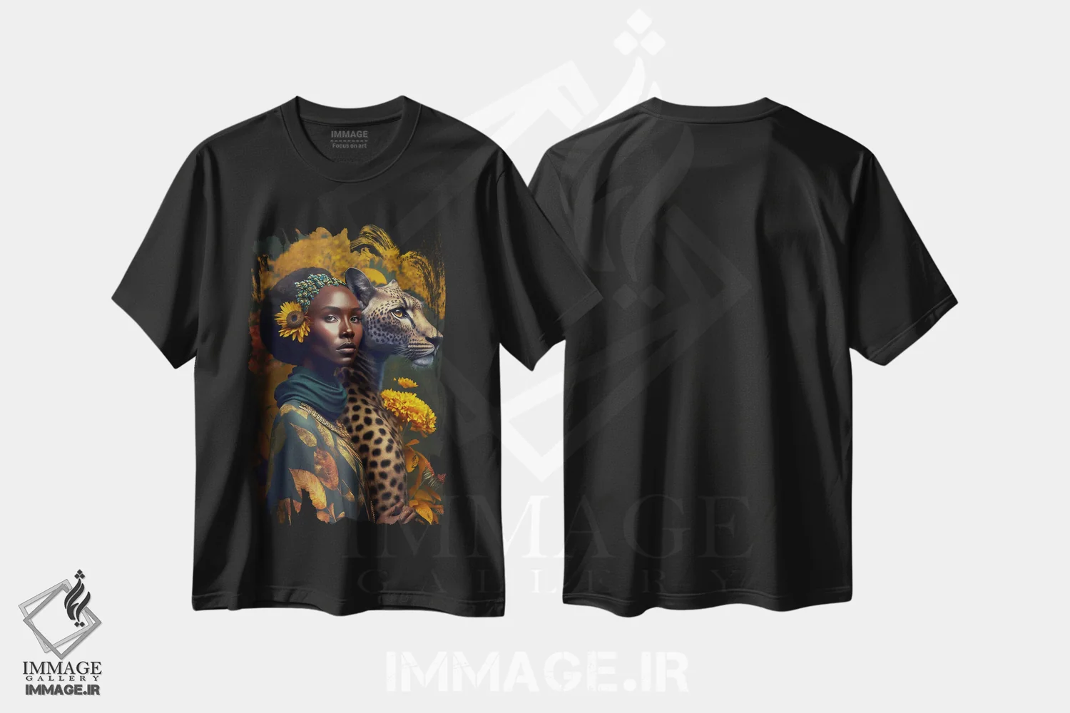 تیشرت مشکی طرح دار زن آفریقایی آینده گرا، هنر آمریکایی آفریقایی تبار اثر دیجیتال وایلد آرت | فروشگاه ایماژ
