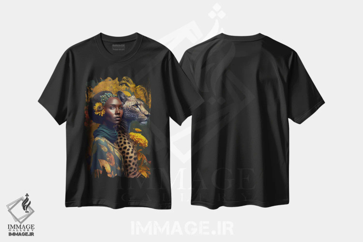 تیشرت مشکی طرح دار زن آفریقایی آینده گرا، هنر آمریکایی آفریقایی تبار اثر دیجیتال وایلد آرت | فروشگاه ایماژ