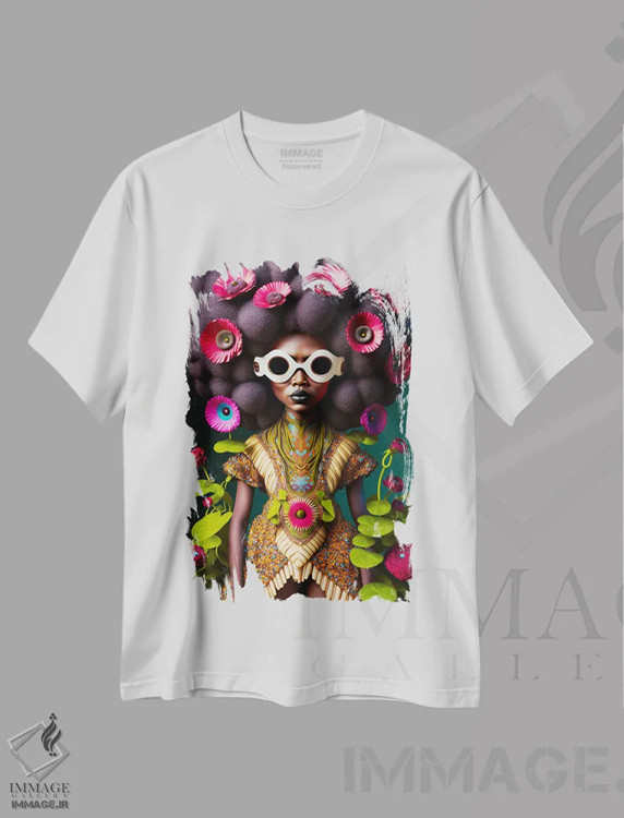 تیشرت سفید طرح دار زن آینده گرا ۱، هنر آمریکایی آفریقایی تبار اثر دیجیتال وایلد آرت | immage.ir