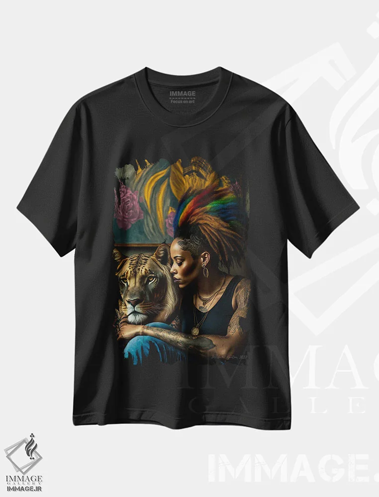 تیشرت مشکی طرح دار زن آفریقایی آینده گرا، هنر آمریکایی آفریقایی تبار اثر دیجیتال وایلد آرت | فروشگاه ایماژ