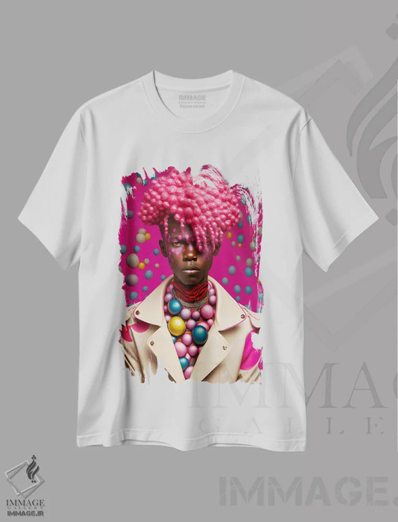 تیشرت سفید طرح دار مرد آفریقایی رترو فیوچریست، هنر آمریکایی آفریقایی تبار اثر دیجیتال وایلد آرت | فروشگاه ایماژ