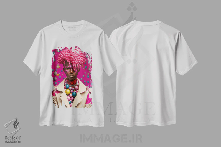 تیشرت سفید طرح دار مرد آفریقایی رترو فیوچریست، هنر آمریکایی آفریقایی تبار اثر دیجیتال وایلد آرت | فروشگاه ایماژ