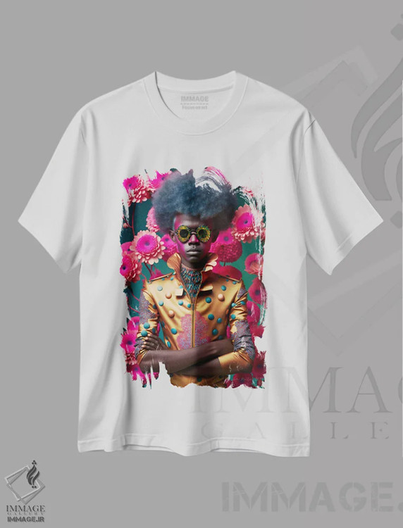 تیشرت سفید طرح دار مرد آفریقایی رترو فیوچریست، هنر آمریکایی آفریقایی تبار اثر دیجیتال وایلد آرت | فروشگاه ایماژ