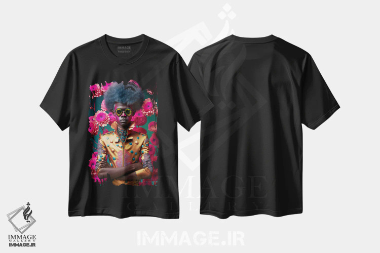 تیشرت مشکی طرح دار مرد آفریقایی رترو فیوچریست، هنر آمریکایی آفریقایی تبار اثر دیجیتال وایلد آرت | immage.ir