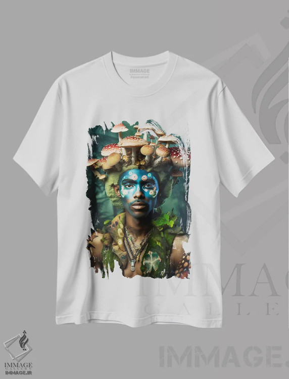 تیشرت سفید طرح دار مرد آفریقایی رترو فیوچریست، هنر آمریکایی آفریقایی تبار اثر دیجیتال وایلد آرت | فروشگاه ایماژ
