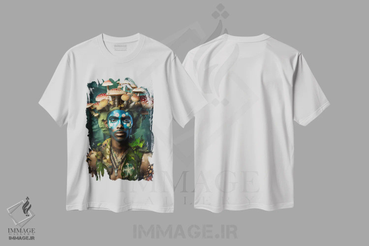 تیشرت سفید طرح دار مرد آفریقایی رترو فیوچریست، هنر آمریکایی آفریقایی تبار اثر دیجیتال وایلد آرت | فروشگاه ایماژ