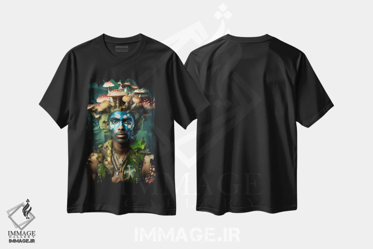 تیشرت مشکی طرح دار مرد آفریقایی رترو فیوچریست، هنر آمریکایی آفریقایی تبار اثر دیجیتال وایلد آرت | immage.ir