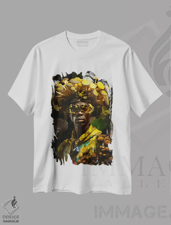 تیشرت سفید طرح دار مرد آفریقایی رترو فیوچریست، هنر آمریکایی آفریقایی تبار اثر دیجیتال وایلد آرت | فروشگاه ایماژ