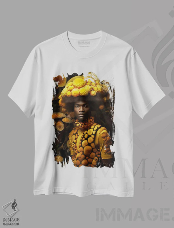 تیشرت سفید طرح دار مرد آفریقایی رترو فیوچریست، هنر آمریکایی آفریقایی تبار اثر دیجیتال وایلد آرت | immage.ir