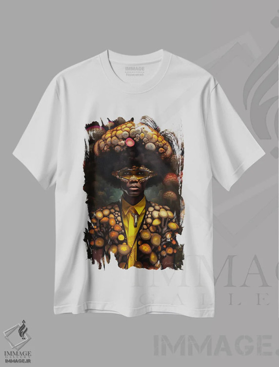 تیشرت سفید طرح دار مرد آفریقایی رترو فیوچریست، هنر آمریکایی آفریقایی تبار اثر دیجیتال وایلد آرت | immage.ir