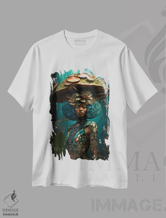تیشرت سفید طرح دار زن آفریقایی رترو فیوچریست، هنر آمریکایی آفریقایی تبار اثر دیجیتال وایلد آرت | فروشگاه ایماژ