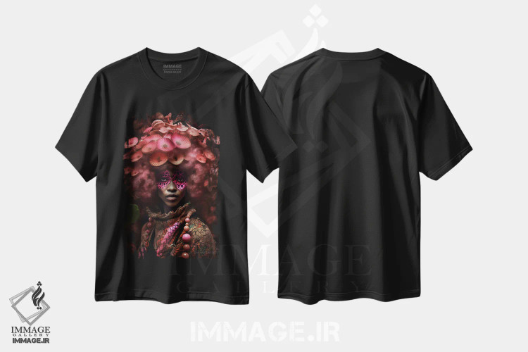 تیشرت مشکی طرح دار زن آفریقایی رترو فیوچریست، هنر آمریکایی آفریقایی تبار اثر دیجیتال وایلد آرت | فروشگاه ایماژ