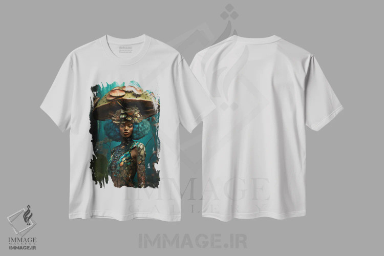 تیشرت سفید طرح دار زن آفریقایی رترو فیوچریست، هنر آمریکایی آفریقایی تبار اثر دیجیتال وایلد آرت | فروشگاه ایماژ