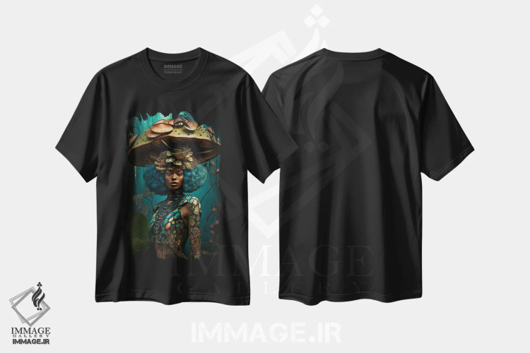 تیشرت مشکی طرح دار زن آفریقایی رترو فیوچریست، هنر آمریکایی آفریقایی تبار اثر دیجیتال وایلد آرت | immage.ir