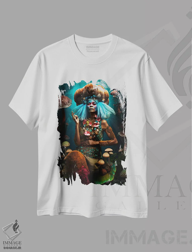 تیشرت سفید طرح دار زن آفریقایی رترو فیوچریست، هنر آمریکایی آفریقایی تبار اثر دیجیتال وایلد آرت | فروشگاه ایماژ