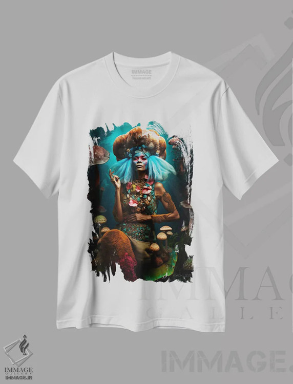 تیشرت سفید طرح دار زن آفریقایی رترو فیوچریست، هنر آمریکایی آفریقایی تبار اثر دیجیتال وایلد آرت | فروشگاه ایماژ