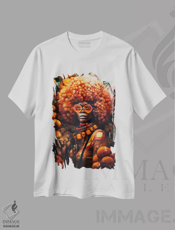 تیشرت سفید طرح دار زن آفریقایی رترو فیوچریست، هنر آمریکایی آفریقایی تبار اثر دیجیتال وایلد آرت | immage.ir