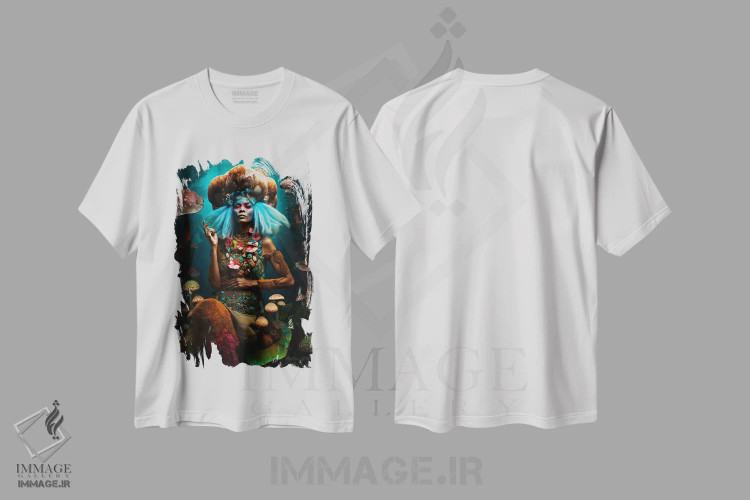 تیشرت سفید طرح دار زن آفریقایی رترو فیوچریست، هنر آمریکایی آفریقایی تبار اثر دیجیتال وایلد آرت | فروشگاه ایماژ