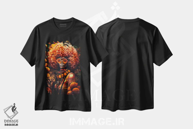 تیشرت مشکی طرح دار زن آفریقایی رترو فیوچریست، هنر آمریکایی آفریقایی تبار اثر دیجیتال وایلد آرت | فروشگاه ایماژ