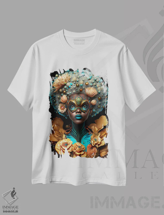 تیشرت سفید طرح دار زن آفریقایی رترو فیوچریست، هنر آمریکایی آفریقایی تبار اثر دیجیتال وایلد آرت | immage.ir