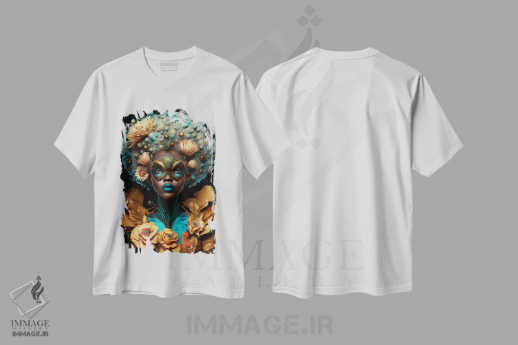 تیشرت سفید طرح دار زن آفریقایی رترو فیوچریست، هنر آمریکایی آفریقایی تبار اثر دیجیتال وایلد آرت | immage.ir