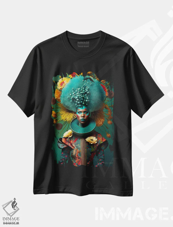 تیشرت مشکی طرح دار زن آفریقایی رترو فیوچریست، هنر آمریکایی آفریقایی تبار اثر دیجیتال وایلد آرت | immage.ir