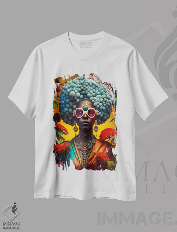 تیشرت سفید طرح دار زن آفریقایی رترو فیوچریست، هنر آمریکایی آفریقایی تبار اثر دیجیتال وایلد آرت | immage.ir